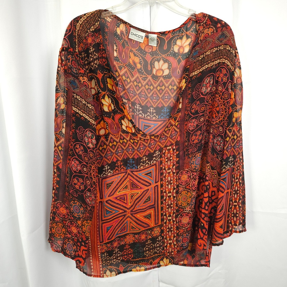 Chico's Floral Sheer Long Sleeve Scoop Neck‎ Silk Blouse Womens 3/16